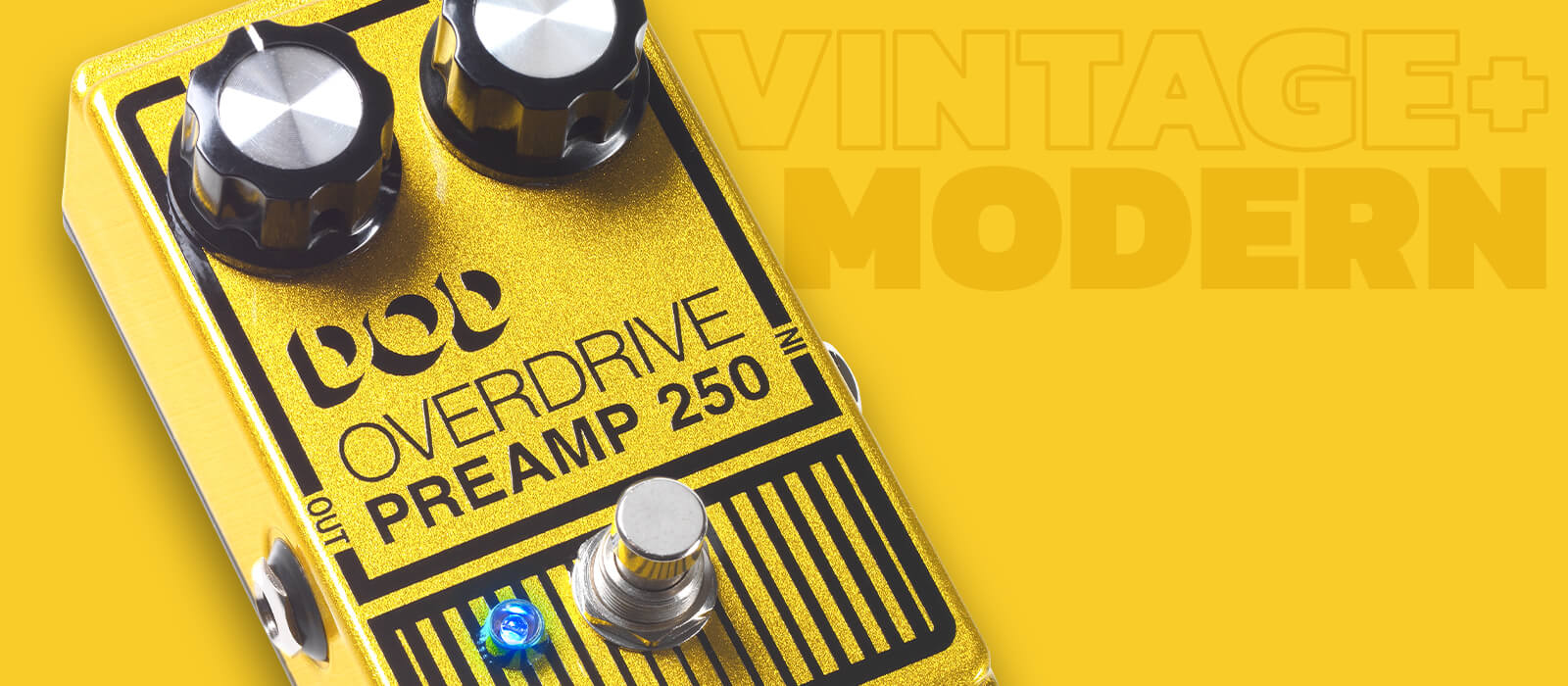 DOD Overdrive Preamp 250 guitar pedal on matching golden yellow background