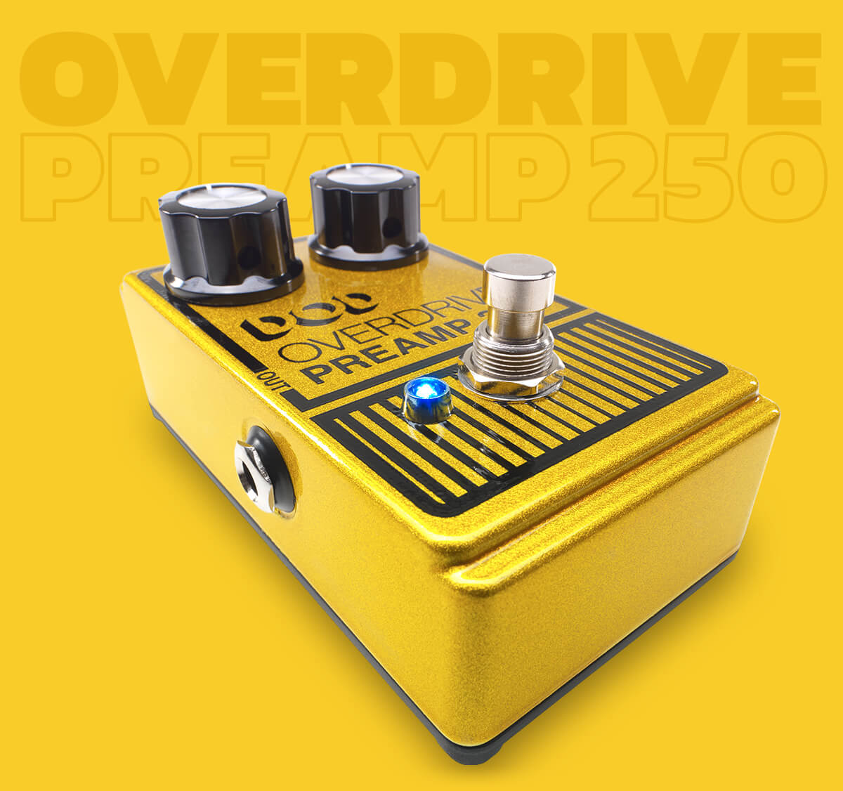 DOD Overdrive Preamp 250 guitar pedal on matching golden yellow background