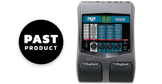 DigiTech RP150 modeling guitar processor. Top view with past product graphics