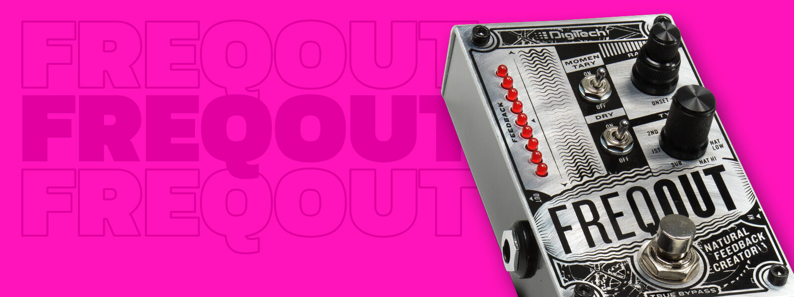 DigiTech FreqOut natural feedback creator in silver with black graphics, pink background and graphics that says 