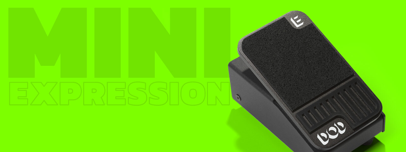 DOD Mini Expression ultra compact expression guitar pedal in black with green background and graphics that says 