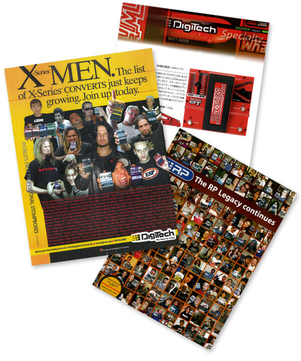 Vintage DigiTech print ads showing X-series pedals, DigiTech RP, and Whammy pedals