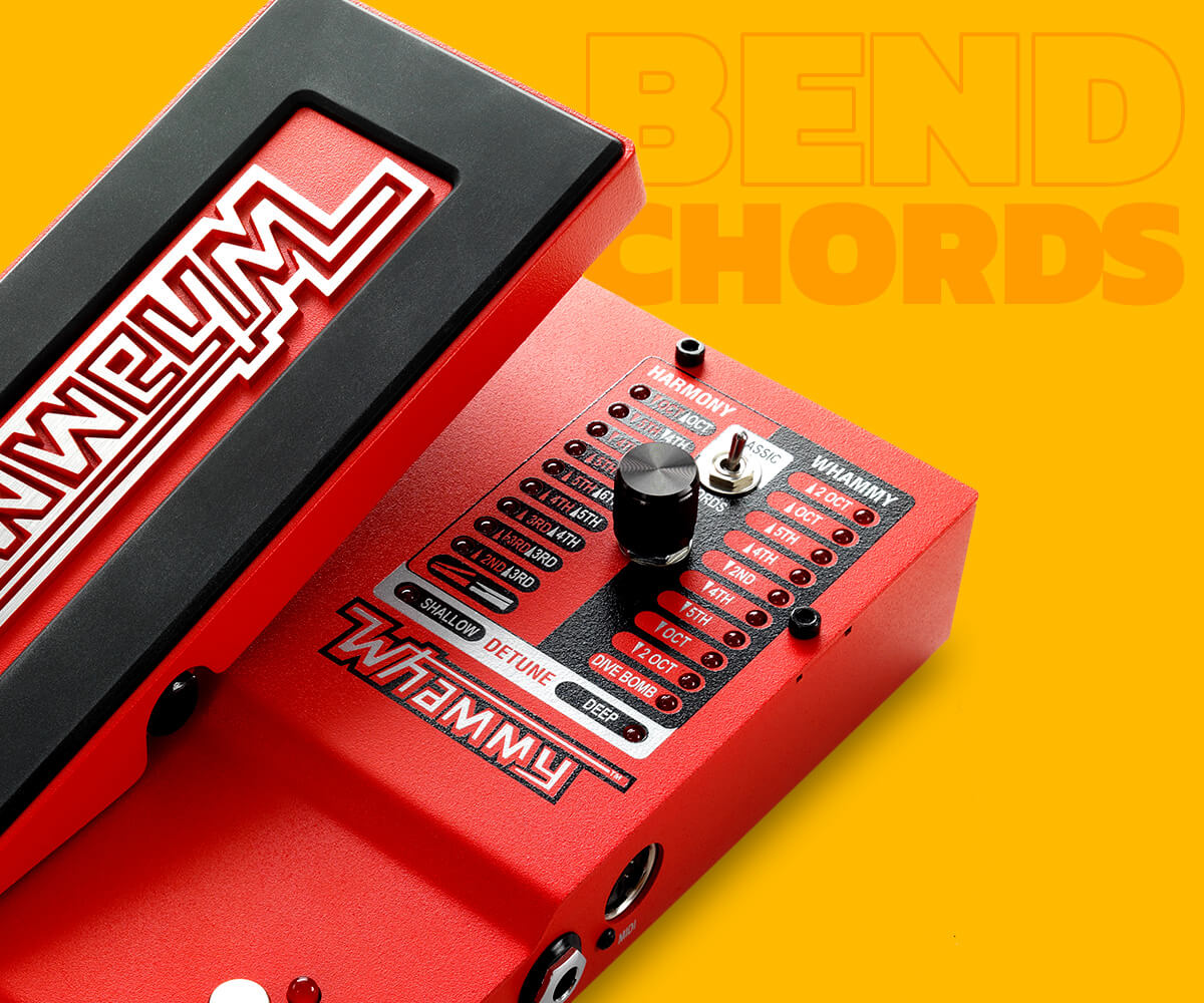DigiTech Whammy pitch shift effect guitar pedal close up in red with yellow graphics background