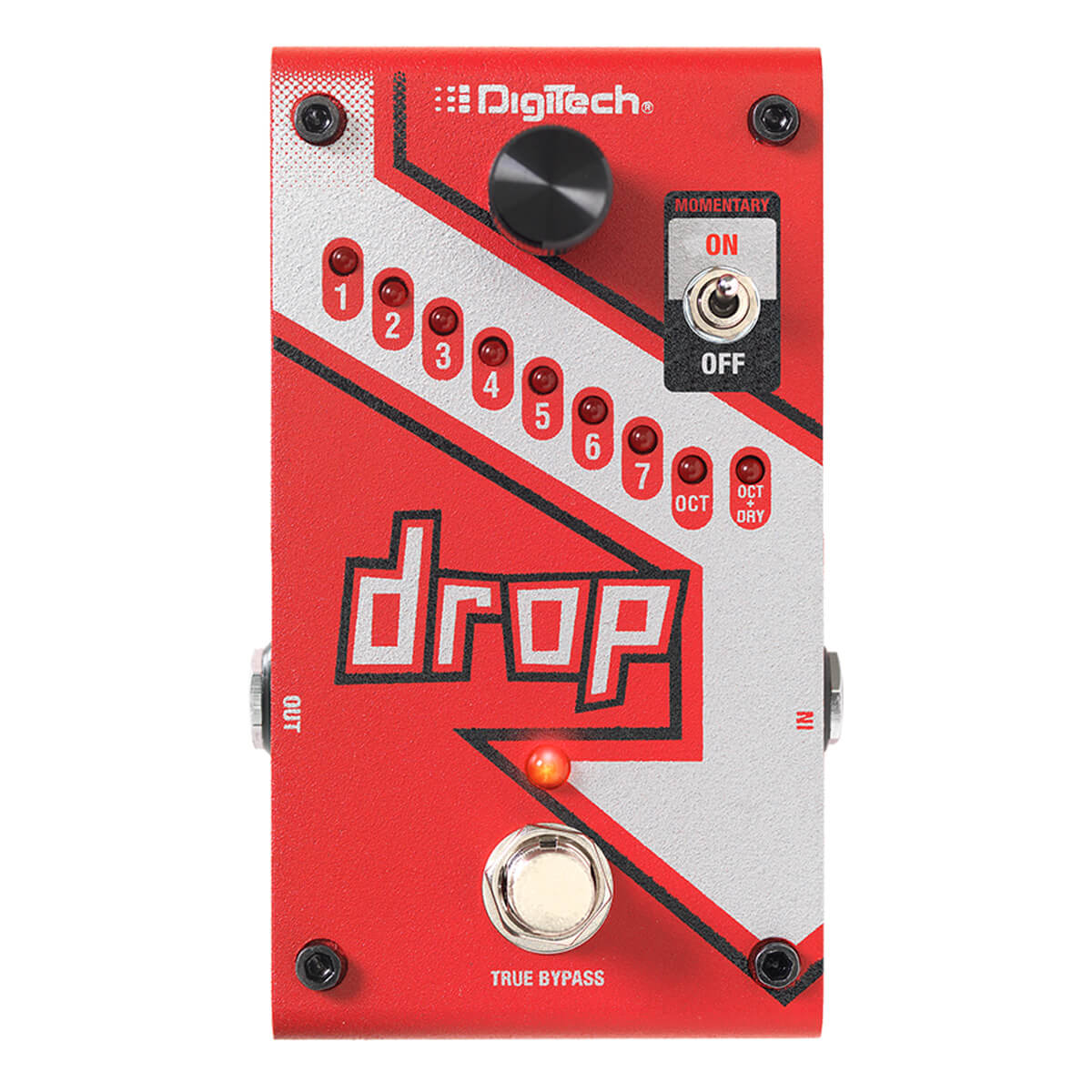 DigiTech Drop polyphonic tune guitar pedal in red with drop arrow graphics. Top view