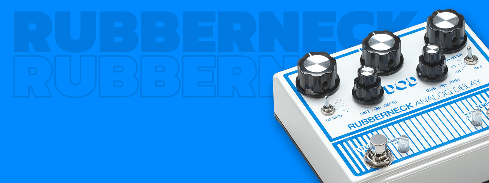 DOD Rubberneck analog delay in white with blue graphics, blue background that says 