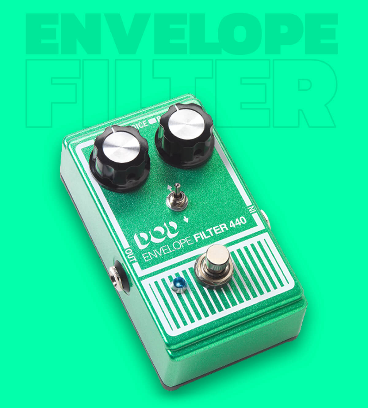DOD Envelope Filter 440 guitar pedal in grainy green with white graphics, green background and graphics that says 