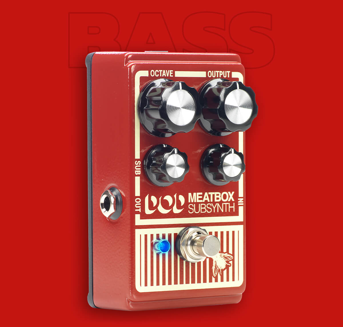 DOD Meatbox distortion guitar pedal on matching red background