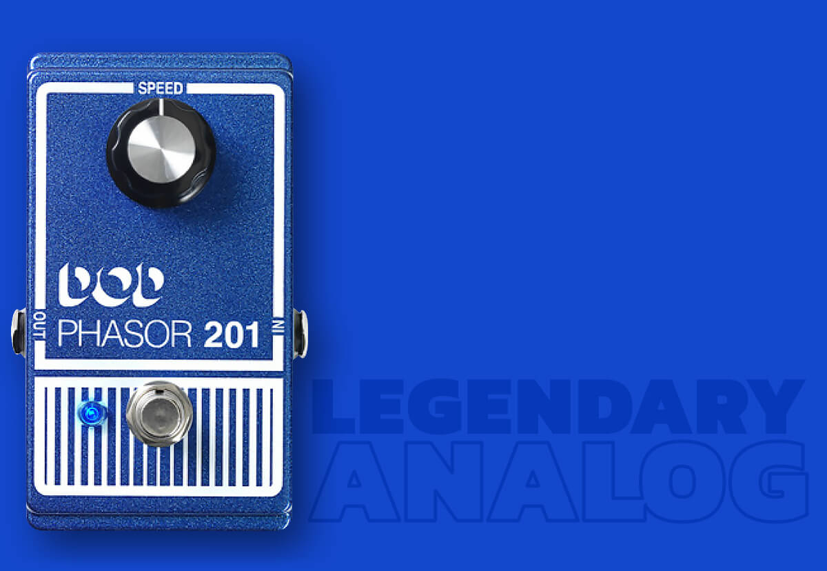 DOD Phasor 201 phase shifter guitar pedal in blue on matching blue background with legendary analog