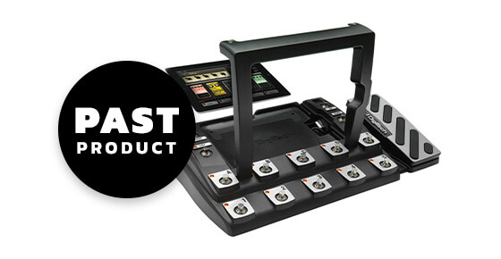 DigiTech iPB-10 programmable guitar pedalboard in black angled view with past product graphics