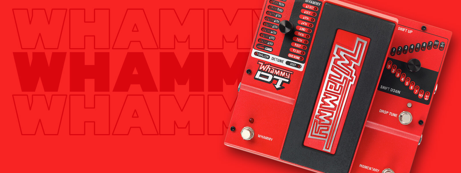 DigiTech Whammy DT classic pitch shifting with drop and raised tuning guitar pedal in red with red graphics background that says 