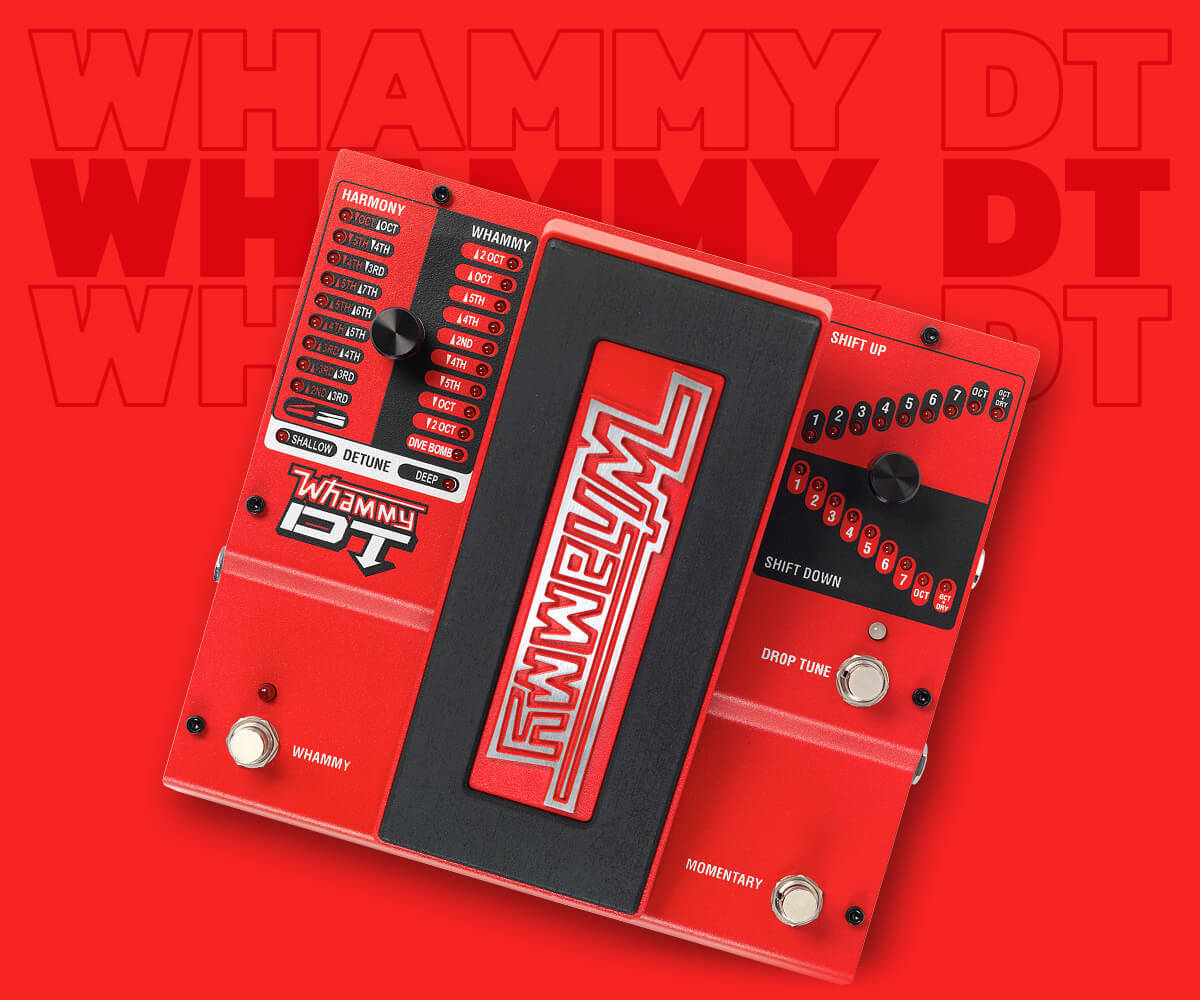 DigiTech Whammy DT classic pitch shifting with drop and raised tuning guitar pedal in red centered with red graphics behind that says 