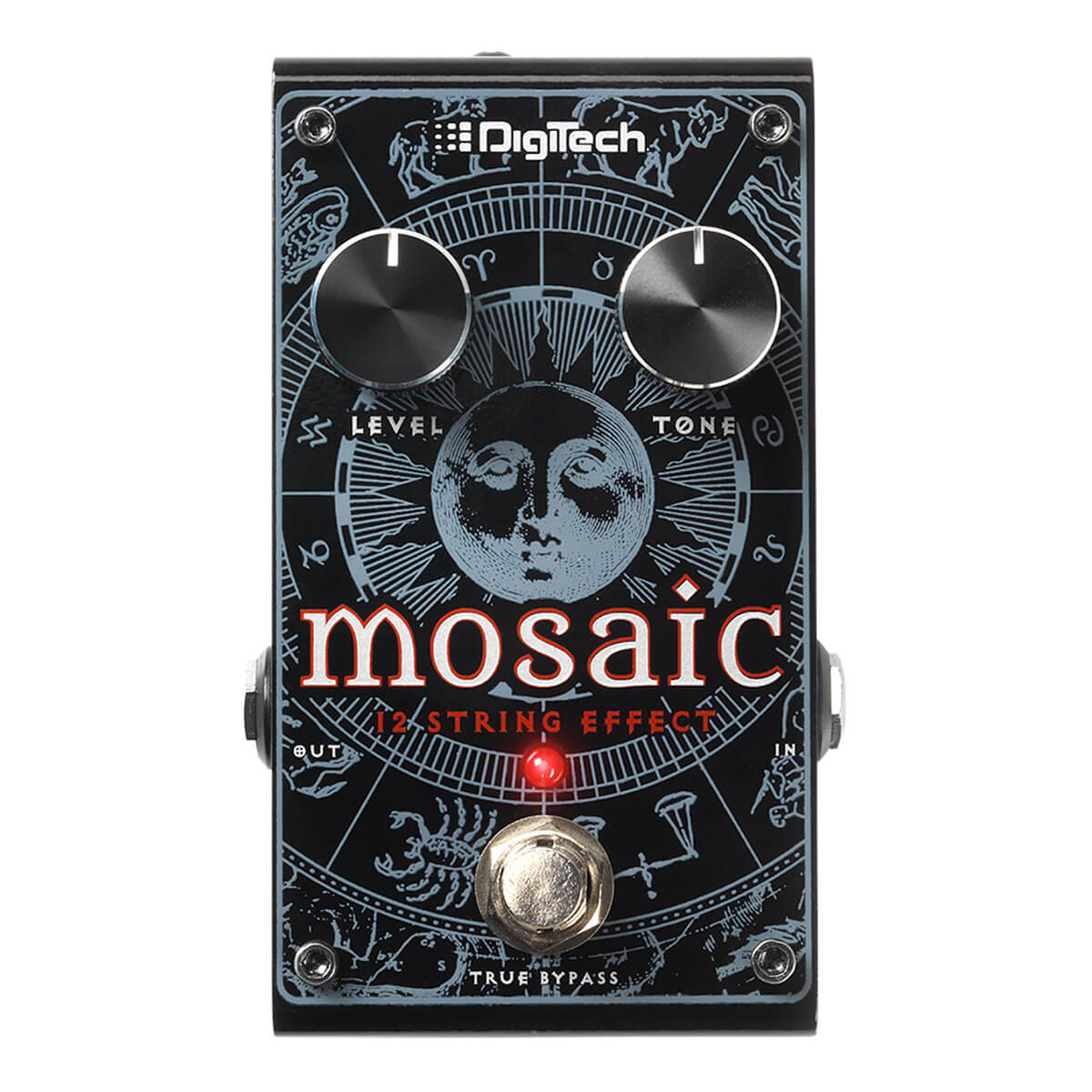 Digitech Mosaic polyphonic 12-string effect guitar pedal in black with gray graphics. Top view