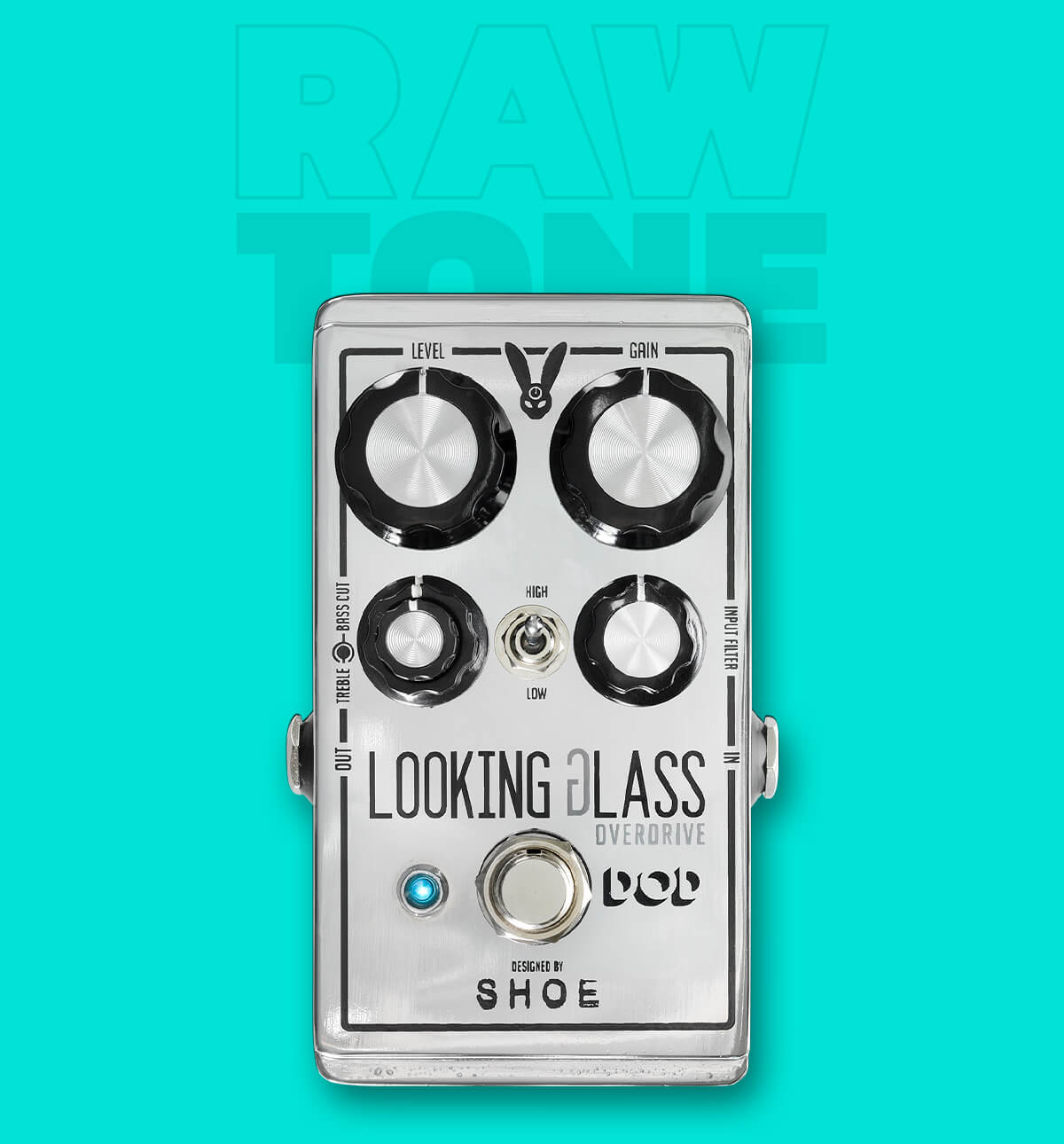DOD Looking Glass class-a FET overdrive guitar pedal in silver with teal background that says 