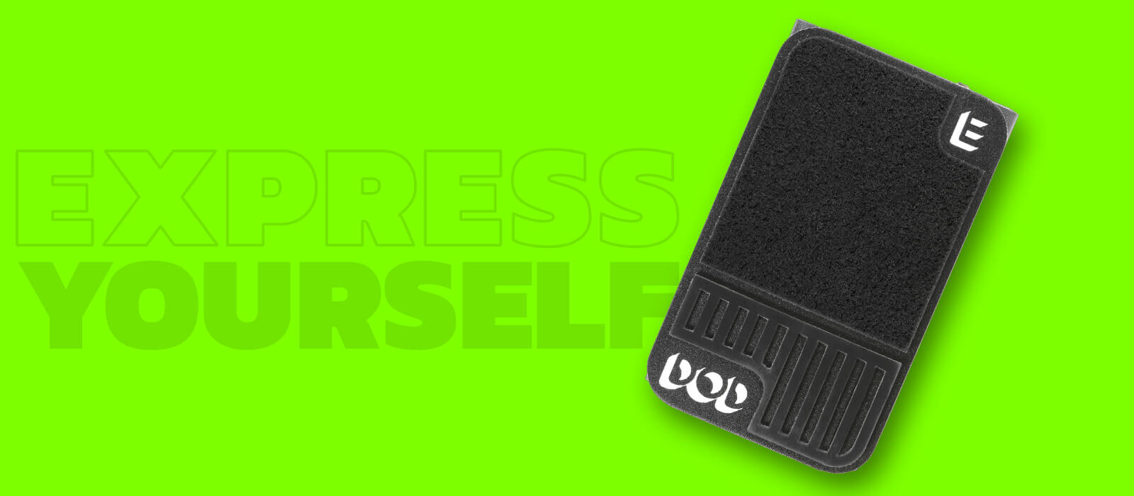 DOD Mini Expression ultra compact expression guitar pedal in black with green background and graphics that says 