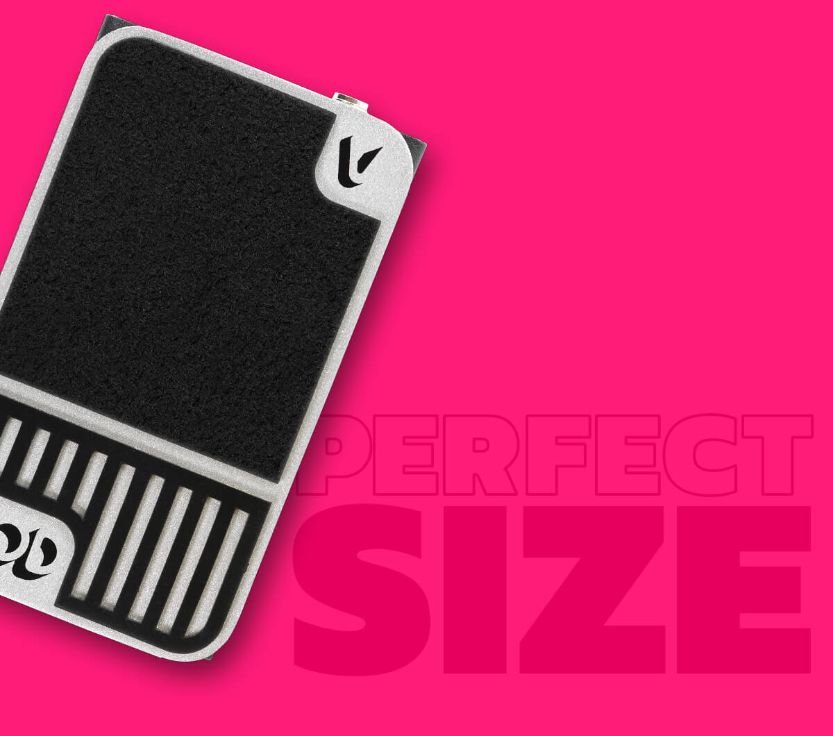 DOD Mini Volume ultra compact volume guitar pedal in black and silver with pink background that says 