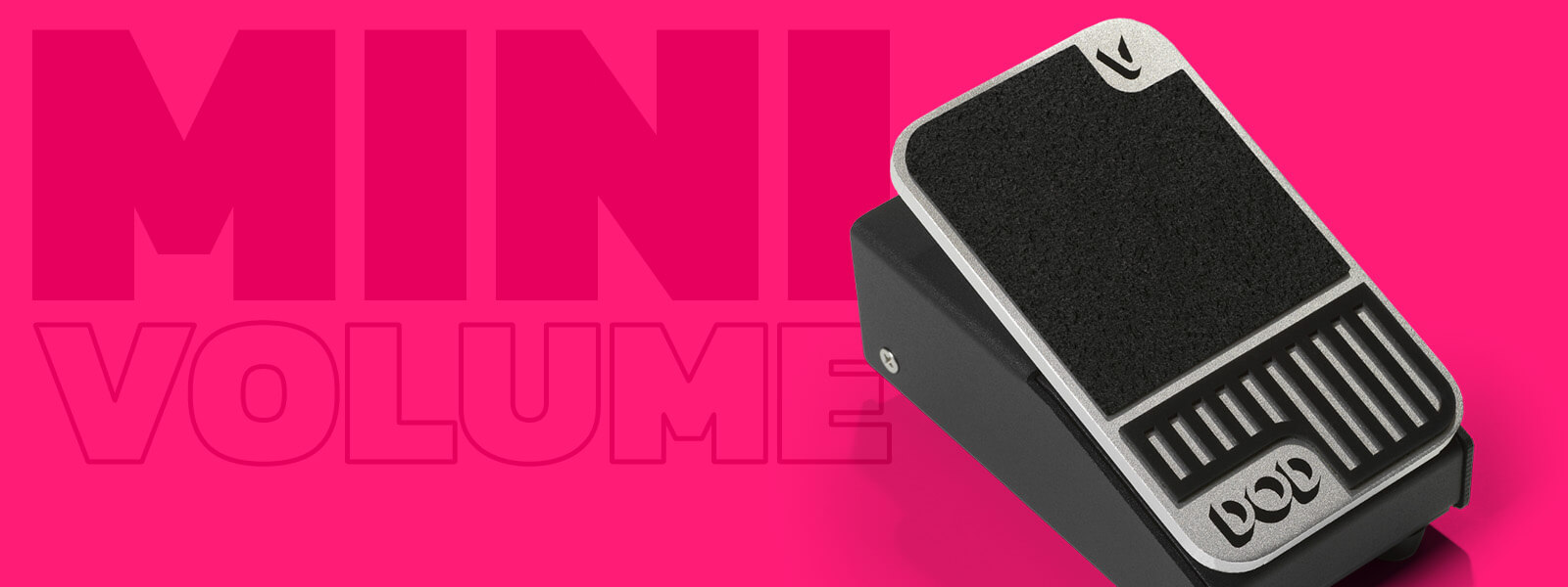 DOD Mini Volume ultra compact volume guitar pedal in black and silver with pink background and graphics that says 