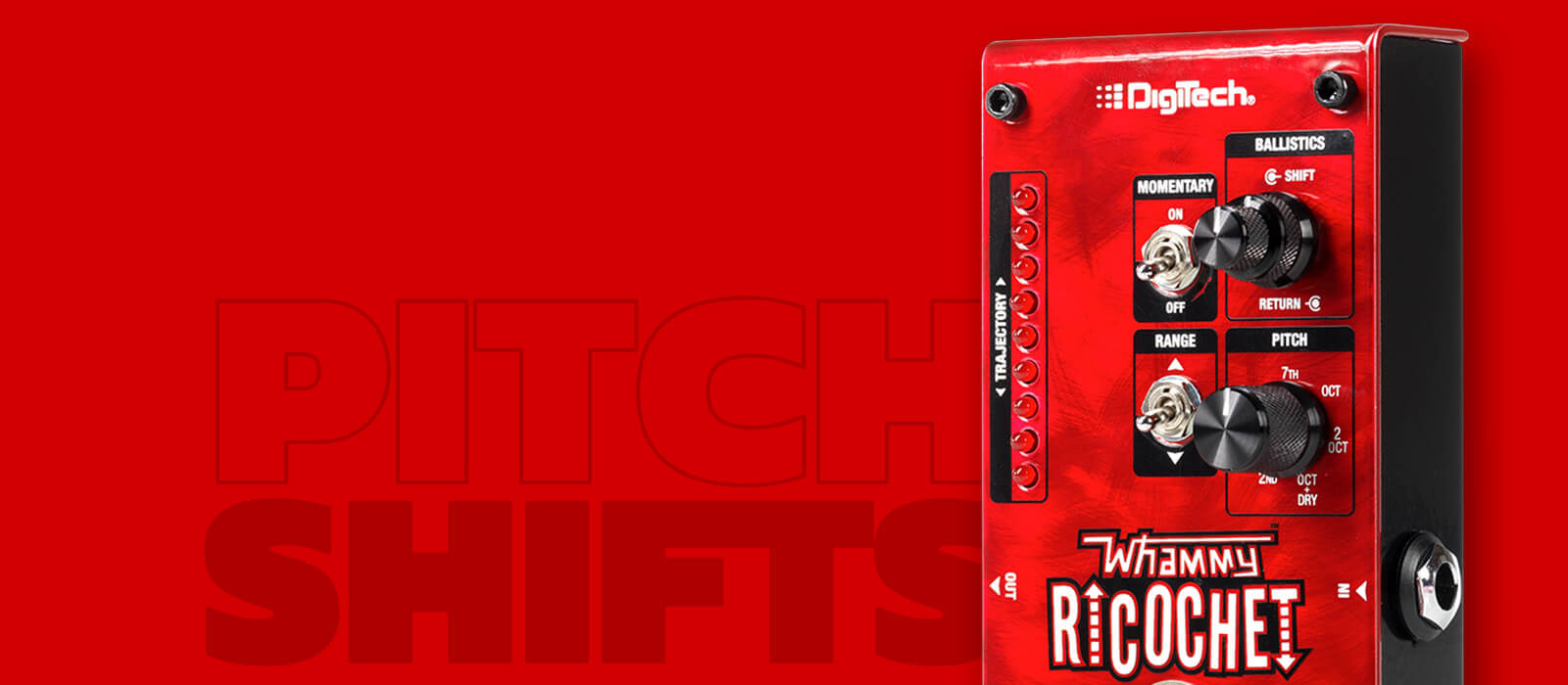 DigiTech Whammy Ricochet pitch shift guitar pedal in red standing in right with red background and graphics that says 