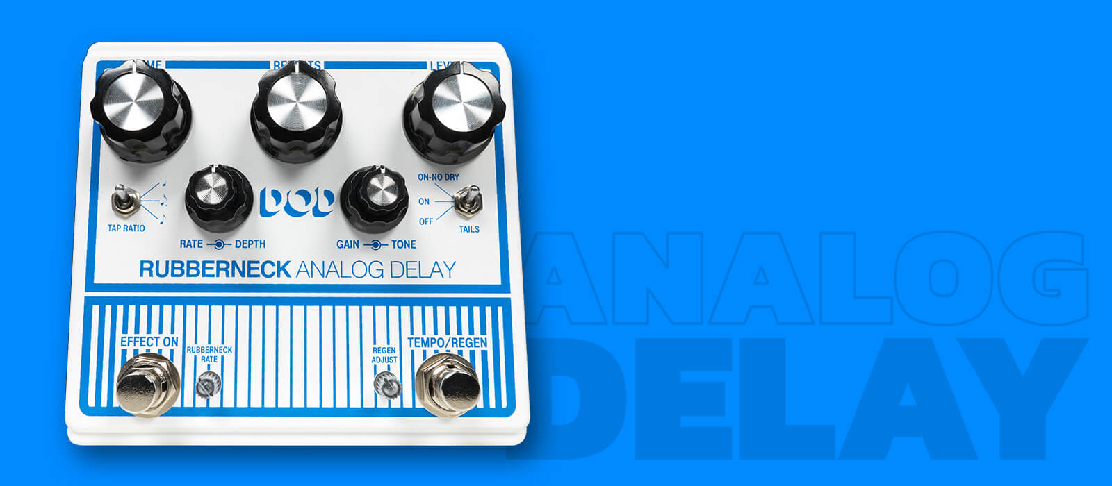 DOD Rubberneck analog delay in white with blue graphics, blue background that says 
