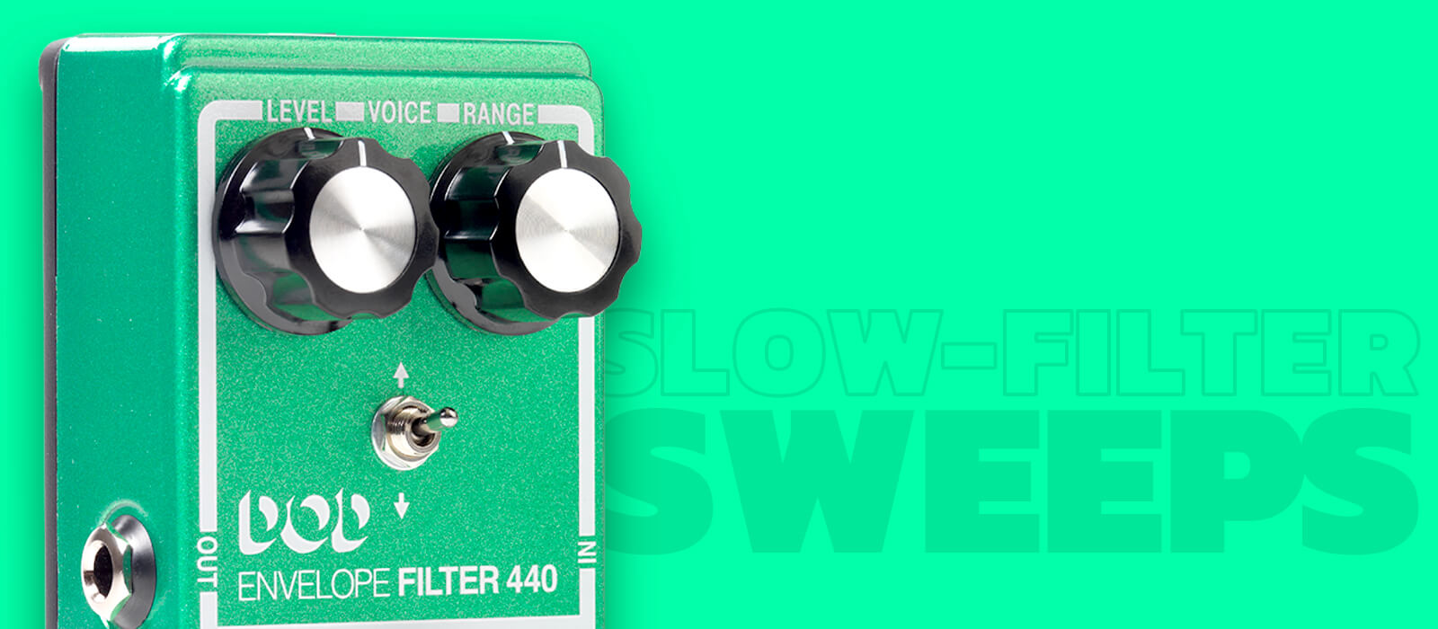 DOD Envelope Filter 440 guitar pedal in grainy green with white graphics, green background and graphics that says 