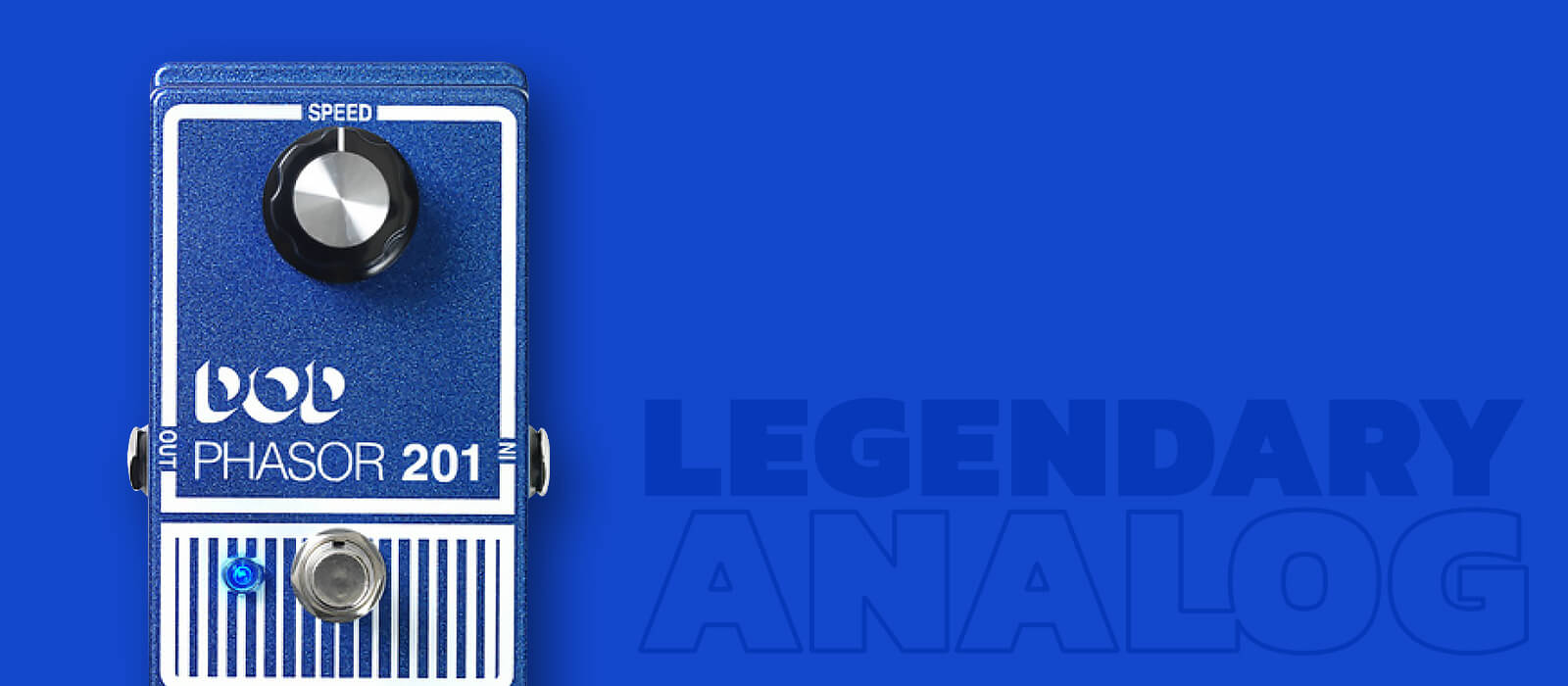 DOD Phasor 201 phase shifter guitar pedal in blue on matching blue background with legendary analog